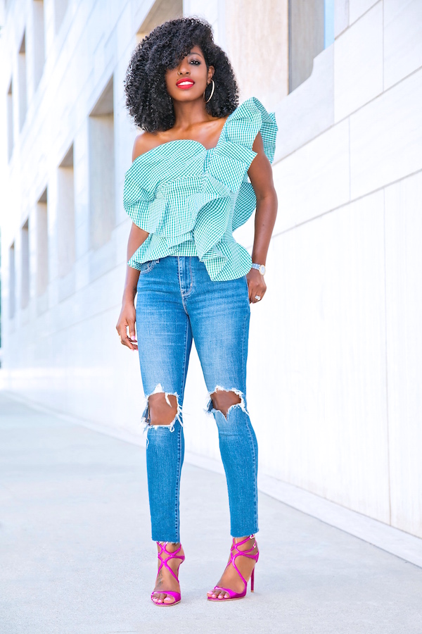 One Shoulder Gingham Peplum + Ripped Levi’s Jeans – StylePantry