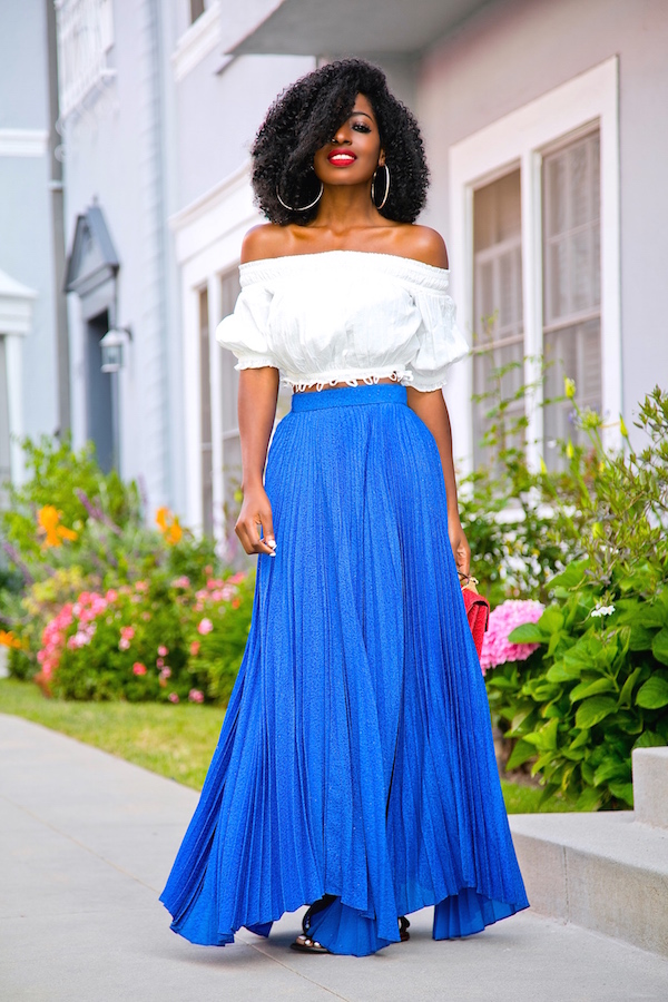 Style Pantry | Off Shoulder Blouse + Pleated Maxi Skirt