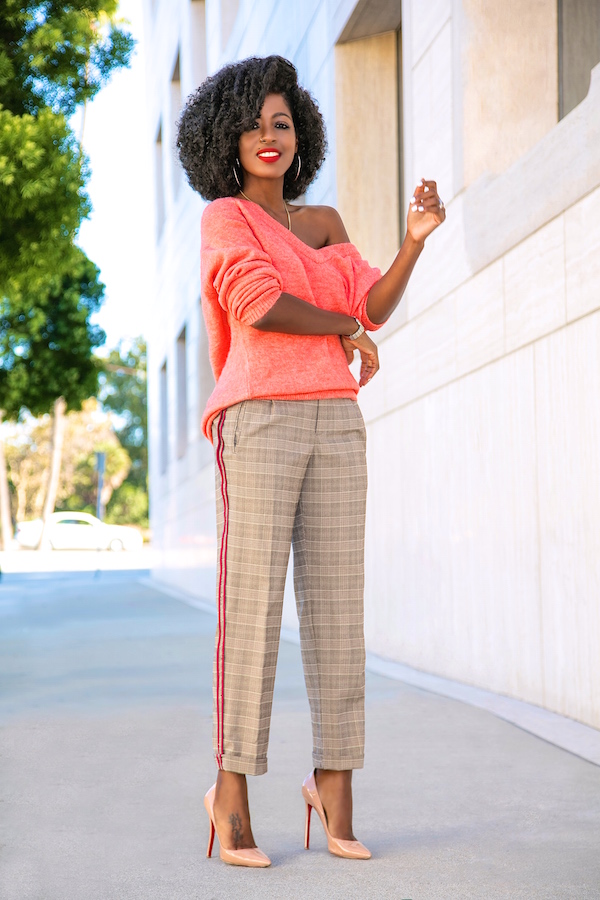 Style Pantry | Off Shoulder Knit + Checked Tuxedo Trousers