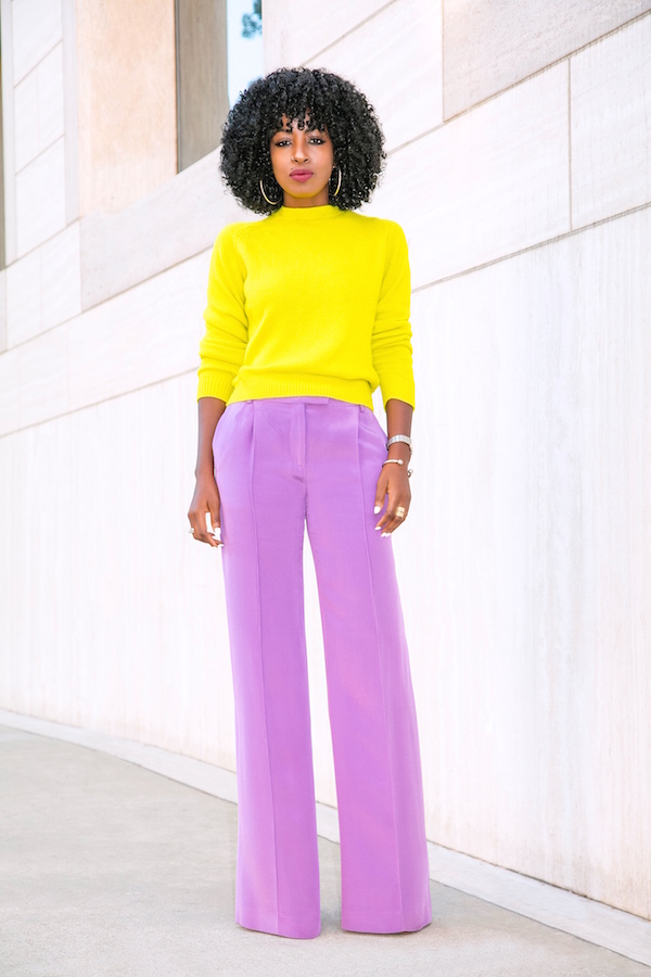 Neon Crew Neck Sweater + Lilac Wide Leg Pants | Style Pantry | Bloglovin’
