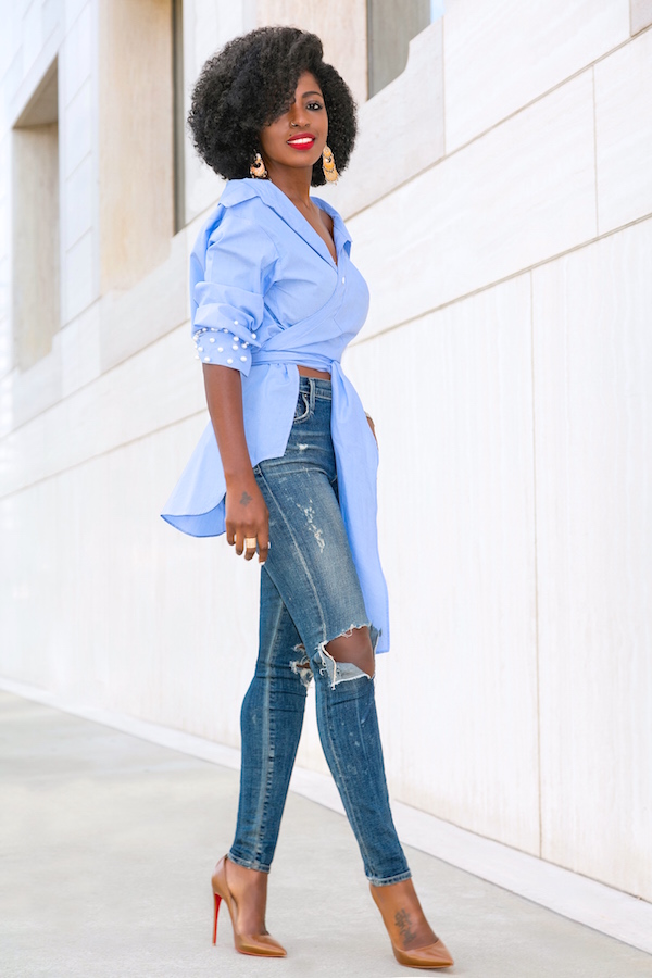 Wrap Off Shoulder Shirt + Ripped Skinny Jeans – StylePantry