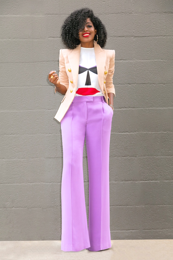 Double Breasted Blazer + Silk Mask Tee + Wide Leg Pants | Style Pantry ...
