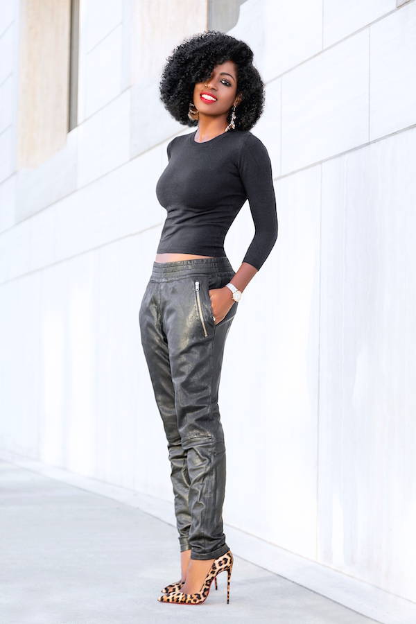 Style Pantry | Crew Neck Knit + Perforated Leather Joggers
