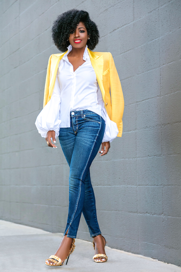 Structured Blazer + Ruffled Shirt + Amo Twist Jeans | Style Pantry ...