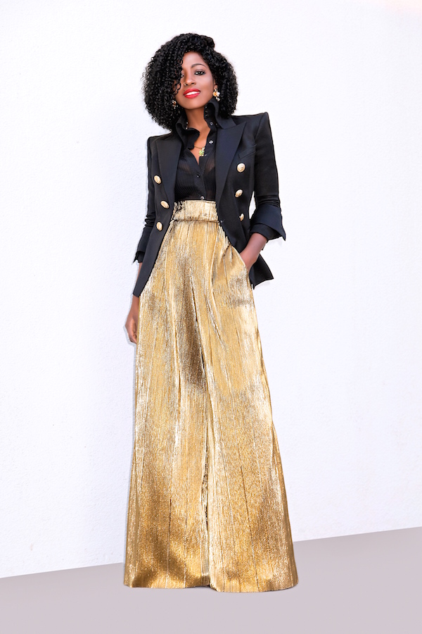 Style Pantry | Double Breasted Blazer + High Waist Gold Lame Pants