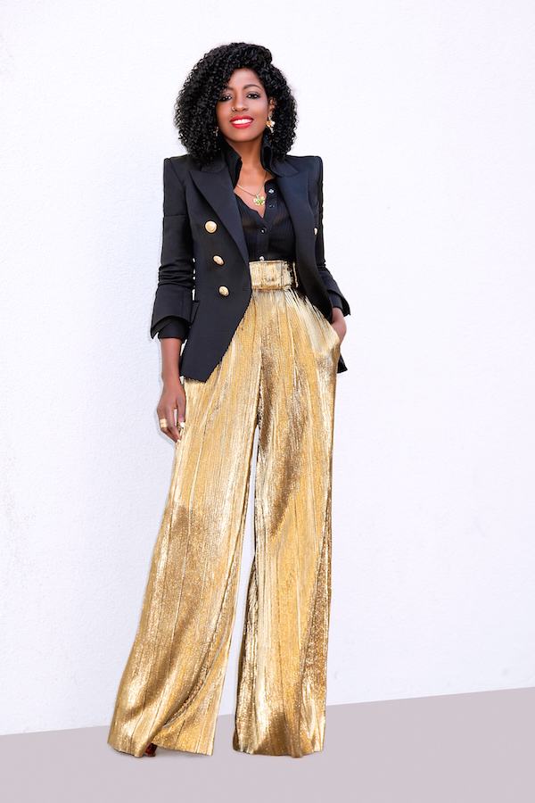 Style Pantry | Double Breasted Blazer + High Waist Gold Lame Pants