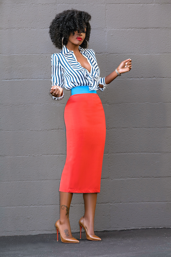 Style Pantry | Striped Ruffle Shirt + Color Block Pencil Skirt