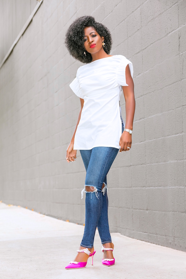 Ruched Side Zip Top + Ripped Skinny Jeans – StylePantry