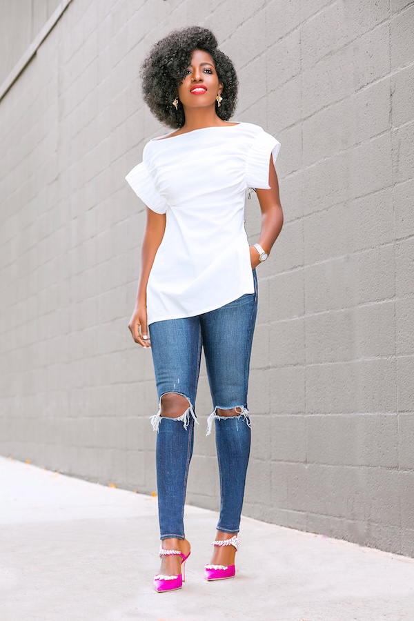 Ruched Side Zip Top + Ripped Skinny Jeans – StylePantry