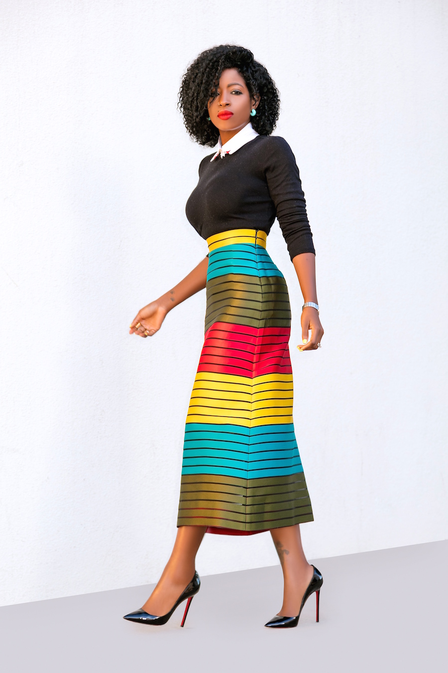 Collared Crew Neck + Color Block Midi Skirt – StylePantry