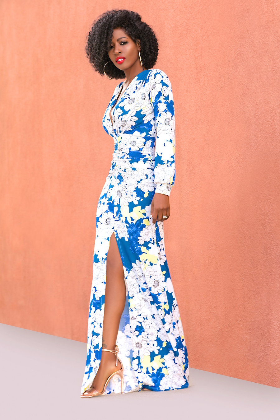 Floral Deep V-Maxi Dress w/Ruching – StylePantry