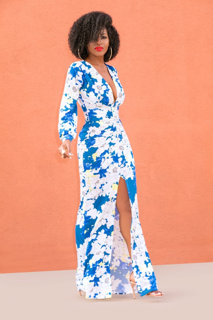 Style Pantry | Floral Deep V-Maxi Dress w/Ruching