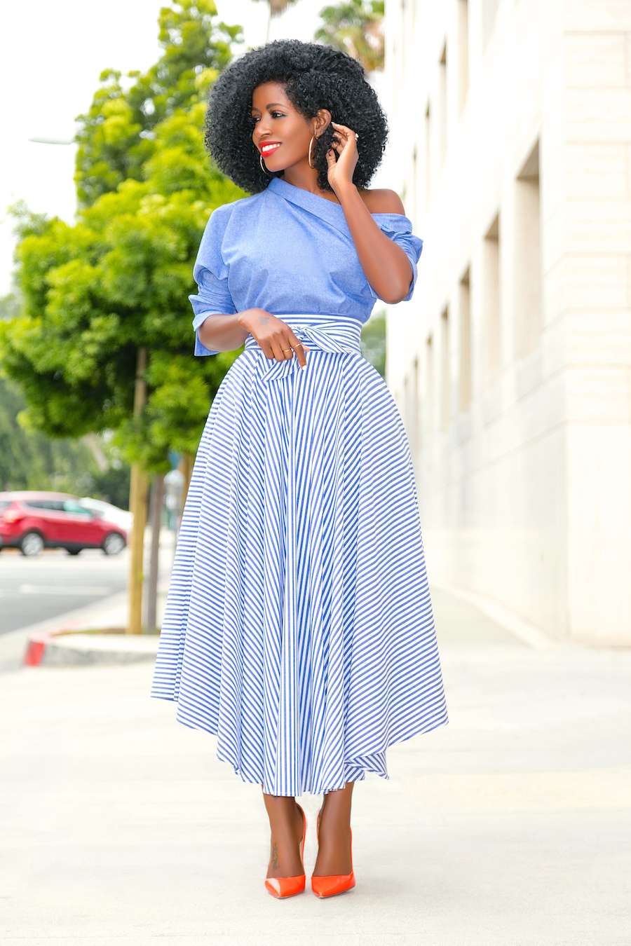 Off Shoulder Chambray Top + Belted Striped Midi Skirt – StylePantry