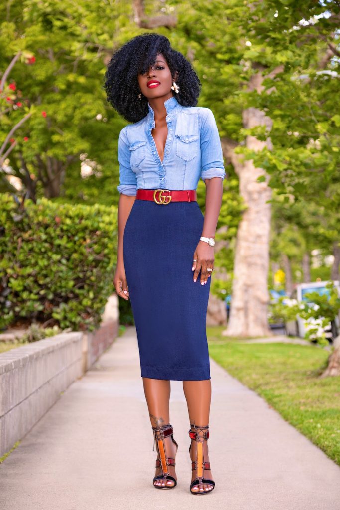 Style Pantry | Fitted Denim Shirt + Pencil Midi Skirt