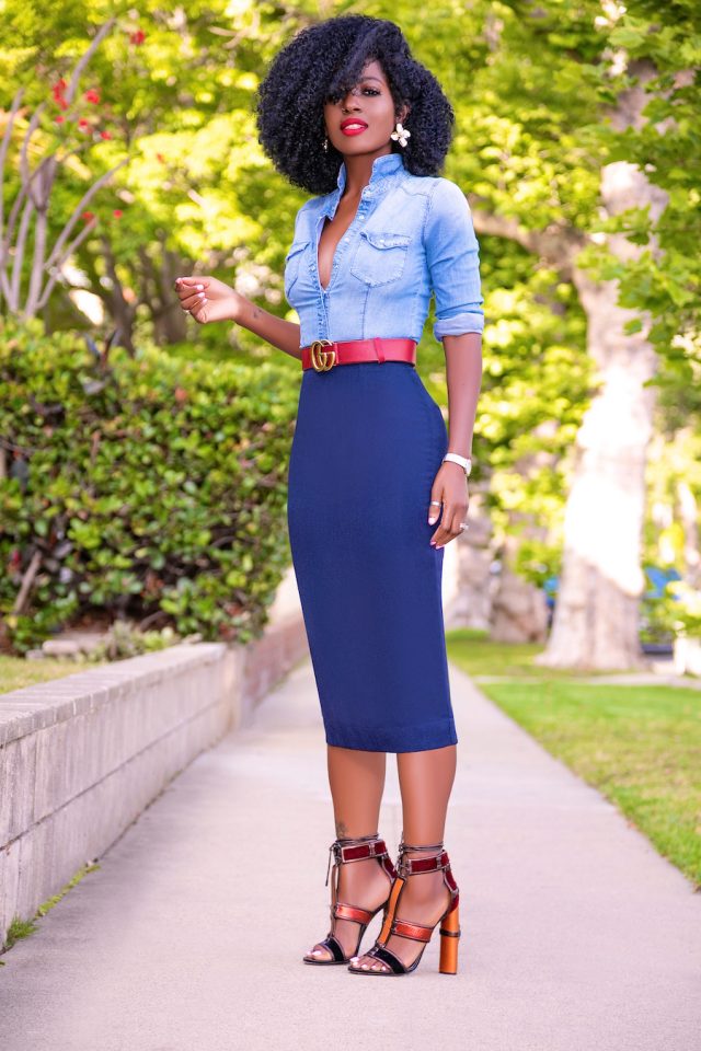 Style Pantry | Fitted Denim Shirt + Pencil Midi Skirt