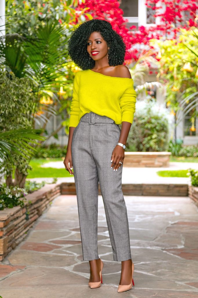 Style Pantry | Neon Off Shoulder (DIY) Sweater + Belted High Waist Pants