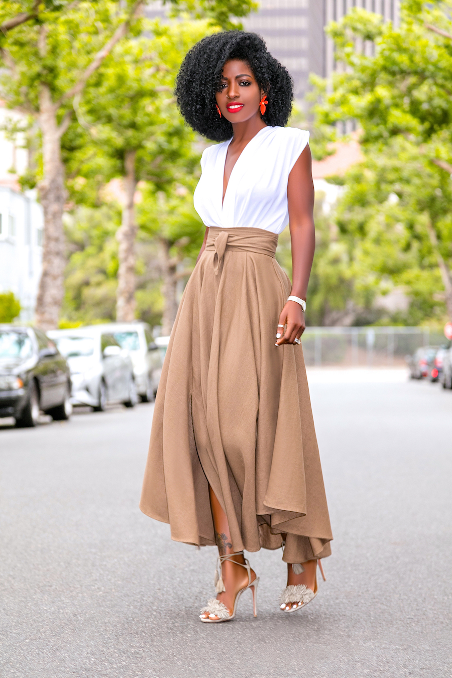 Style Pantry | Draped Bodysuit + High Waist Belted Midi Skirt