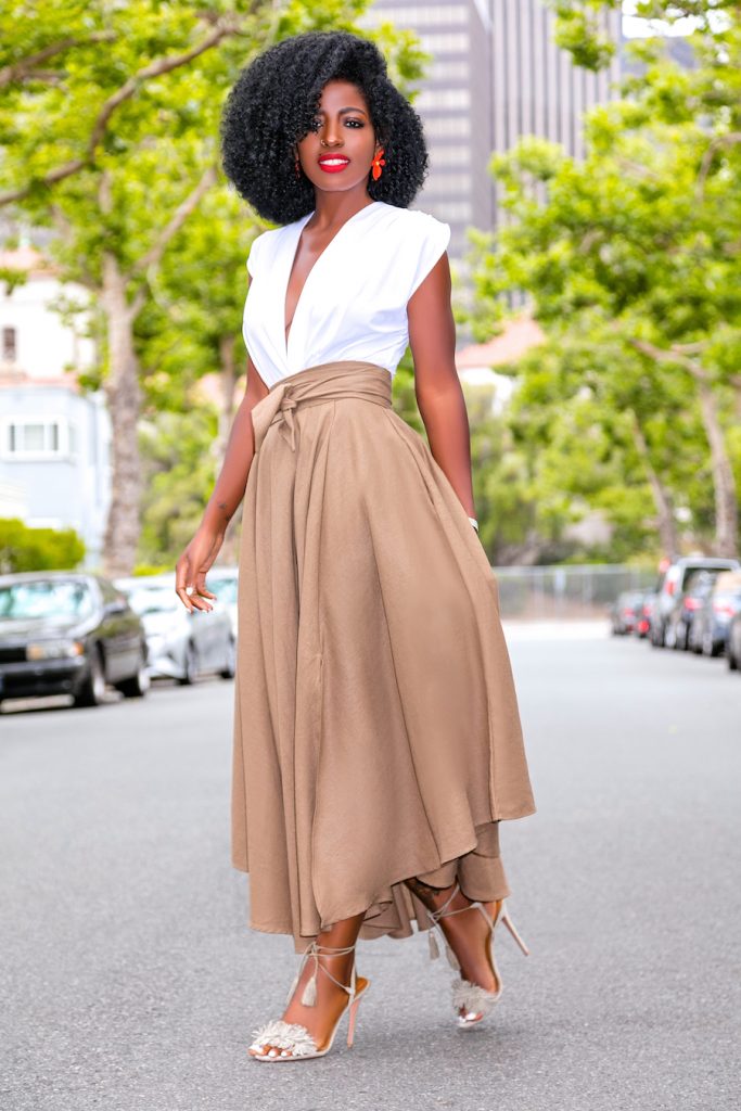 Style Pantry | Draped Bodysuit + High Waist Belted Midi Skirt