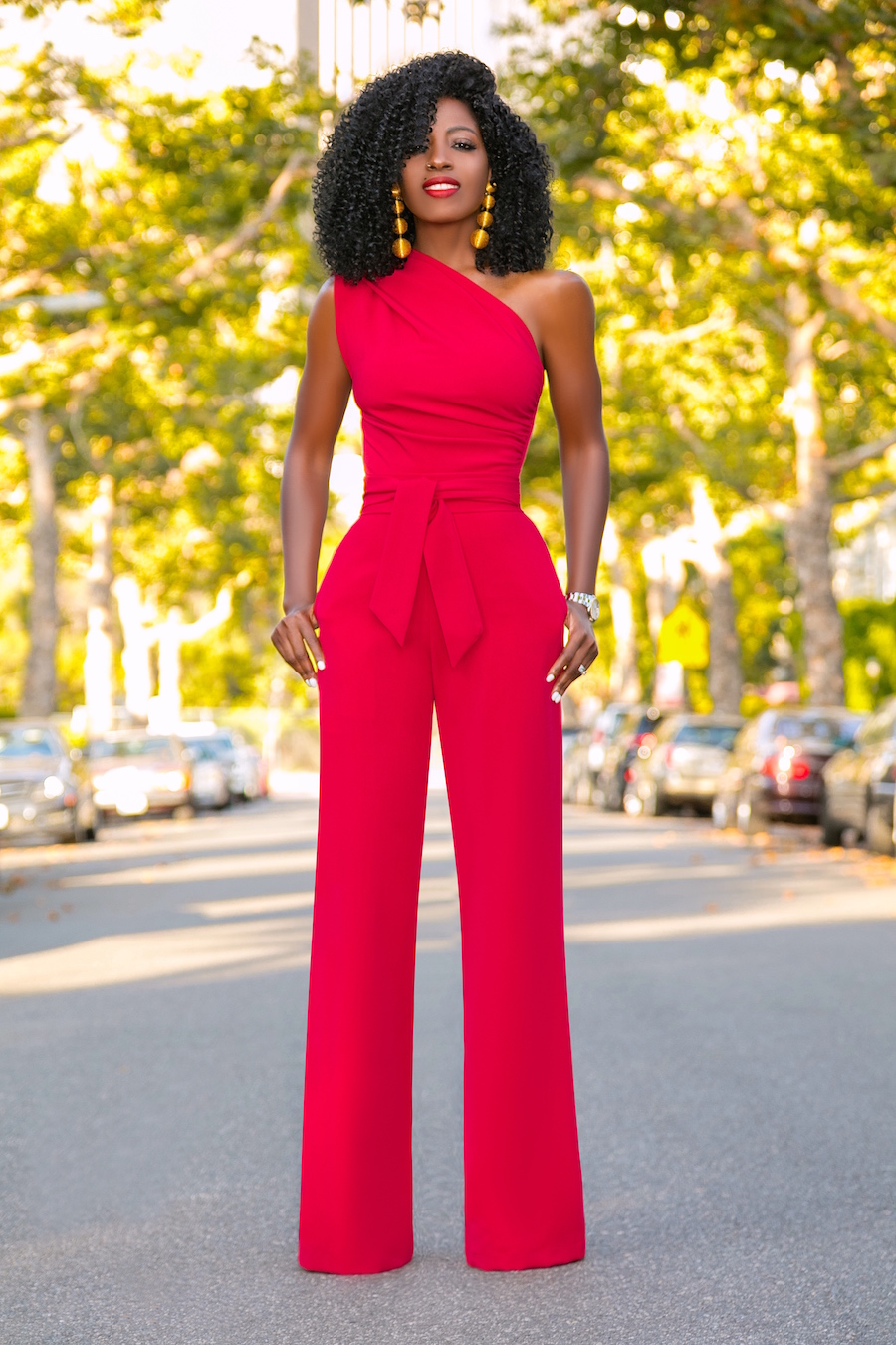 Style Pantry | Red One Shoulder Drape Jumpsuit