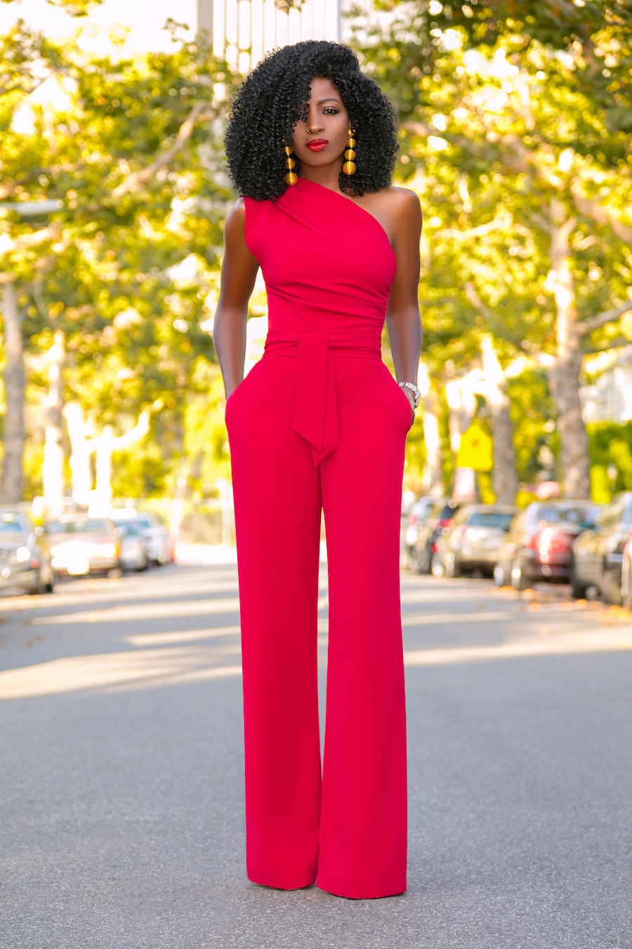 Style Pantry | Red One Shoulder Drape Jumpsuit