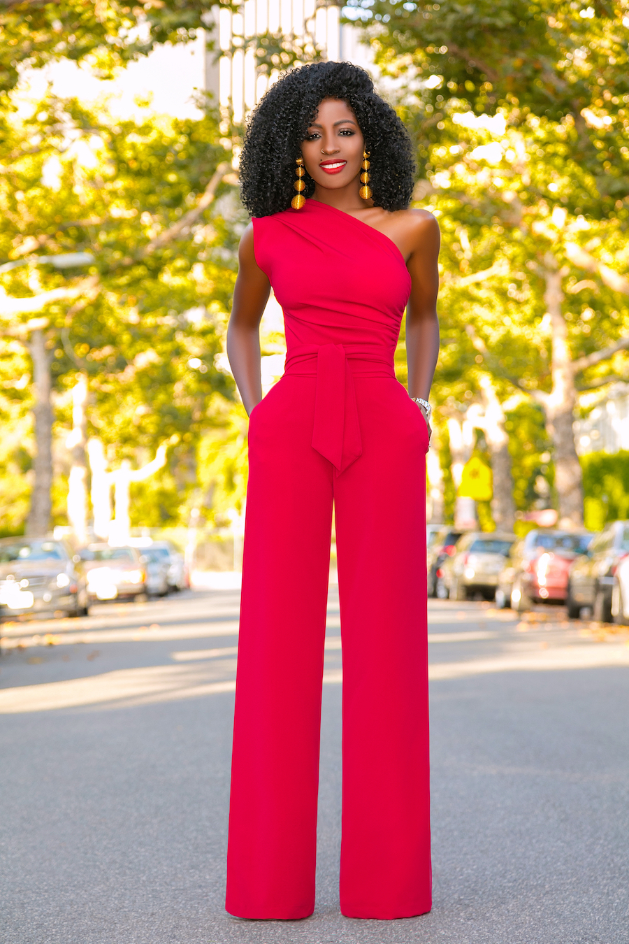 Style Pantry | Red One Shoulder Drape Jumpsuit