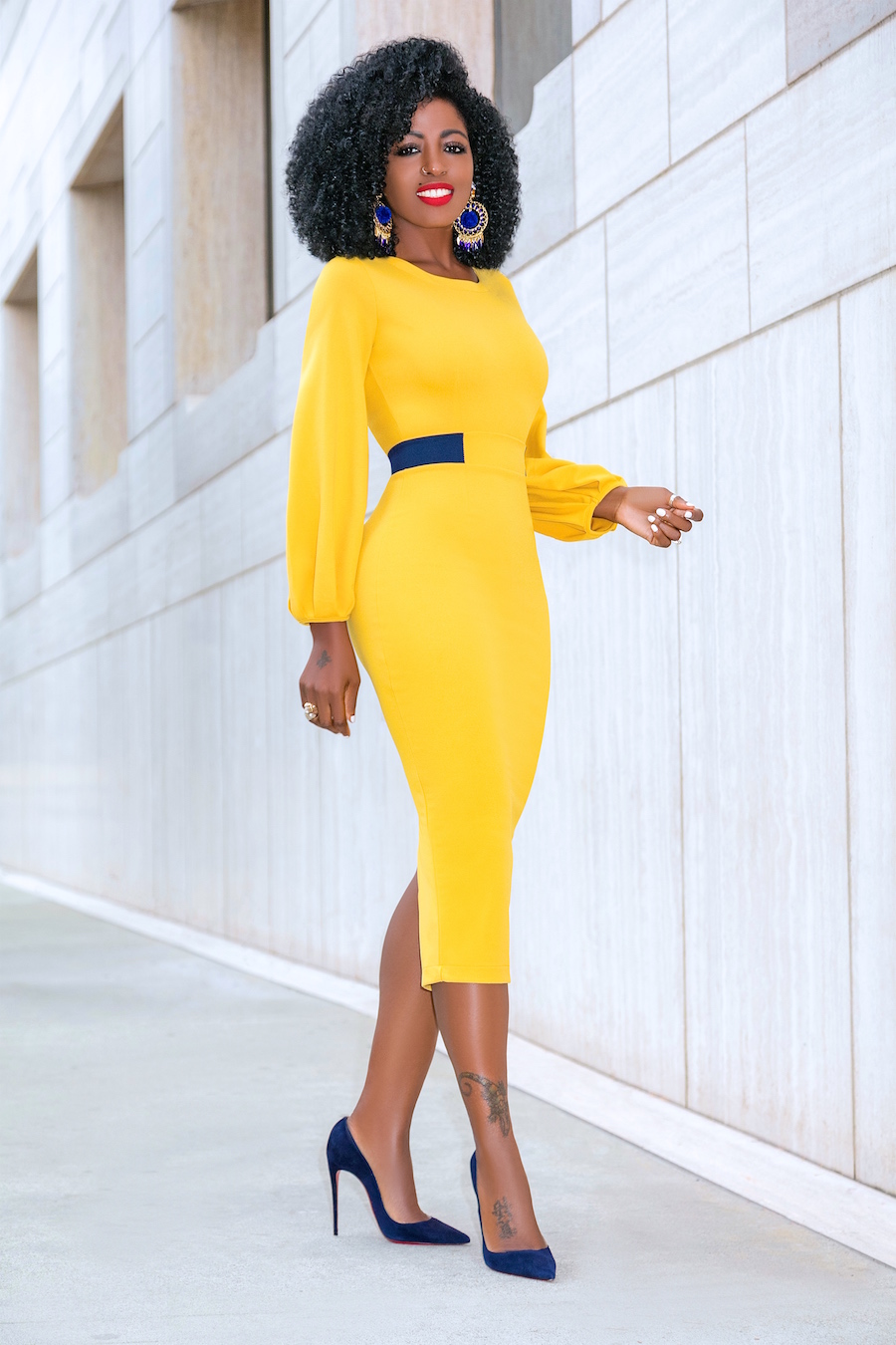 Mustard Midi Dress w/Navy Contrast Waist – StylePantry