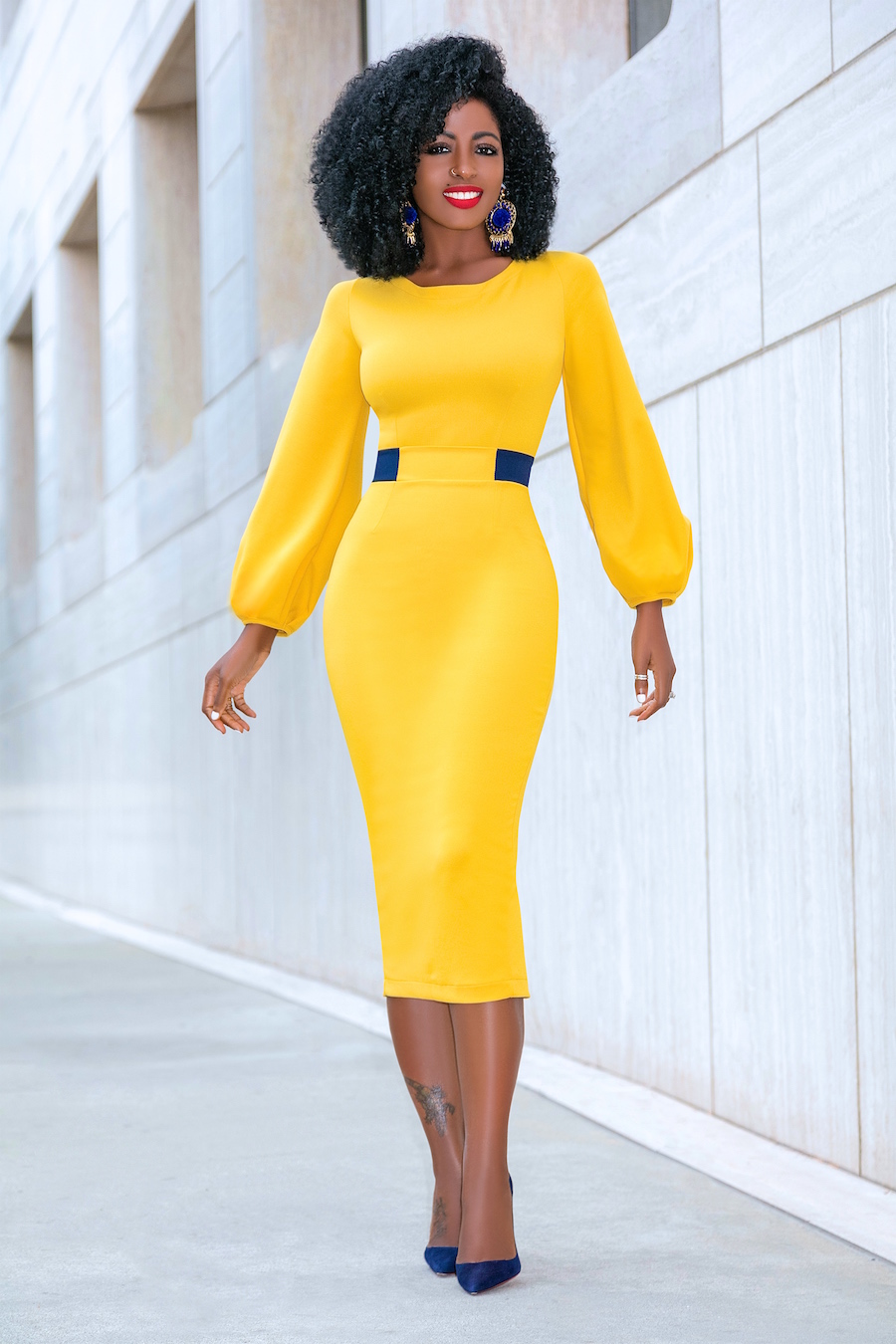 Style Pantry | Mustard Midi Dress w/Navy Contrast Waist