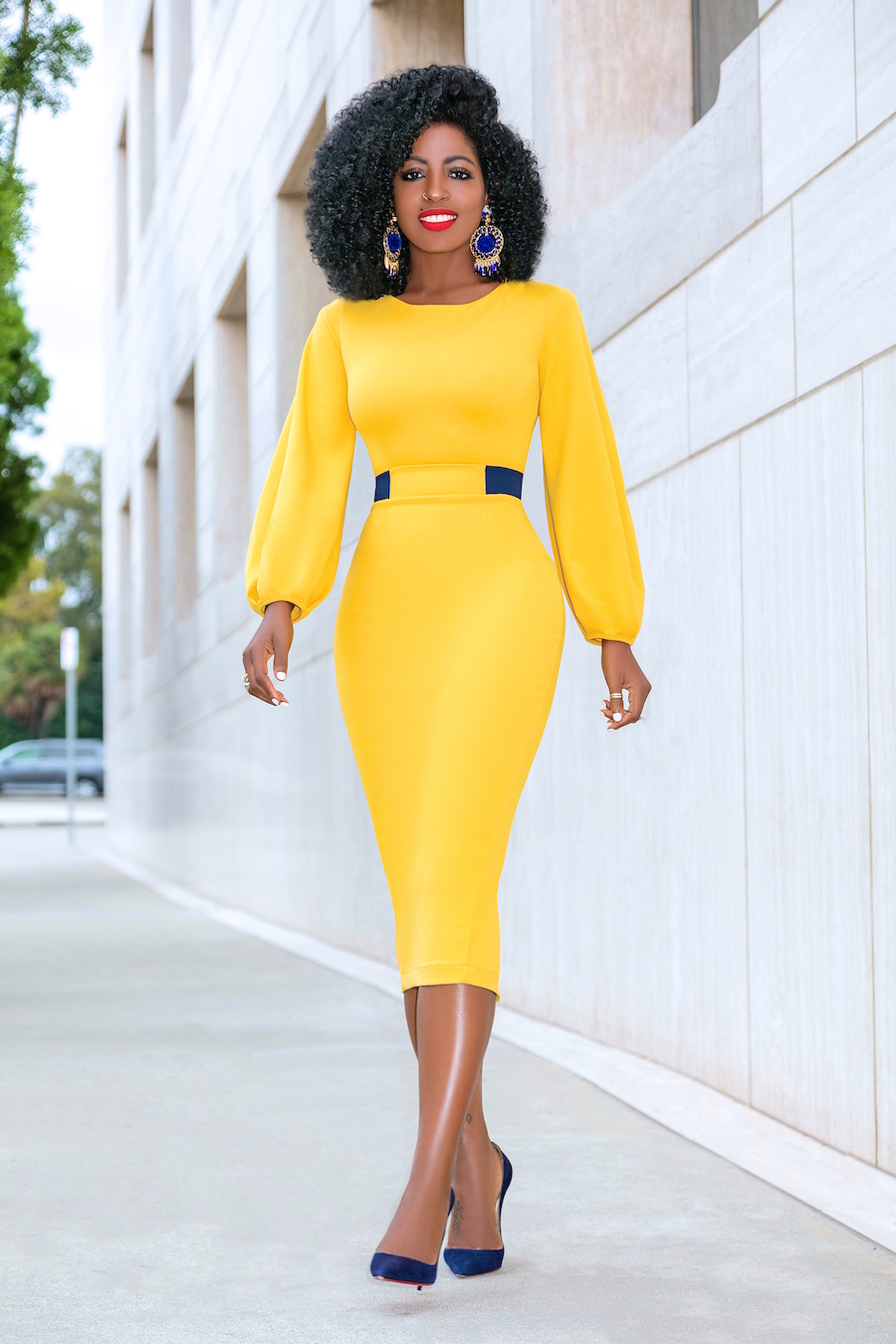 Style Pantry | Mustard Midi Dress w/Navy Contrast Waist