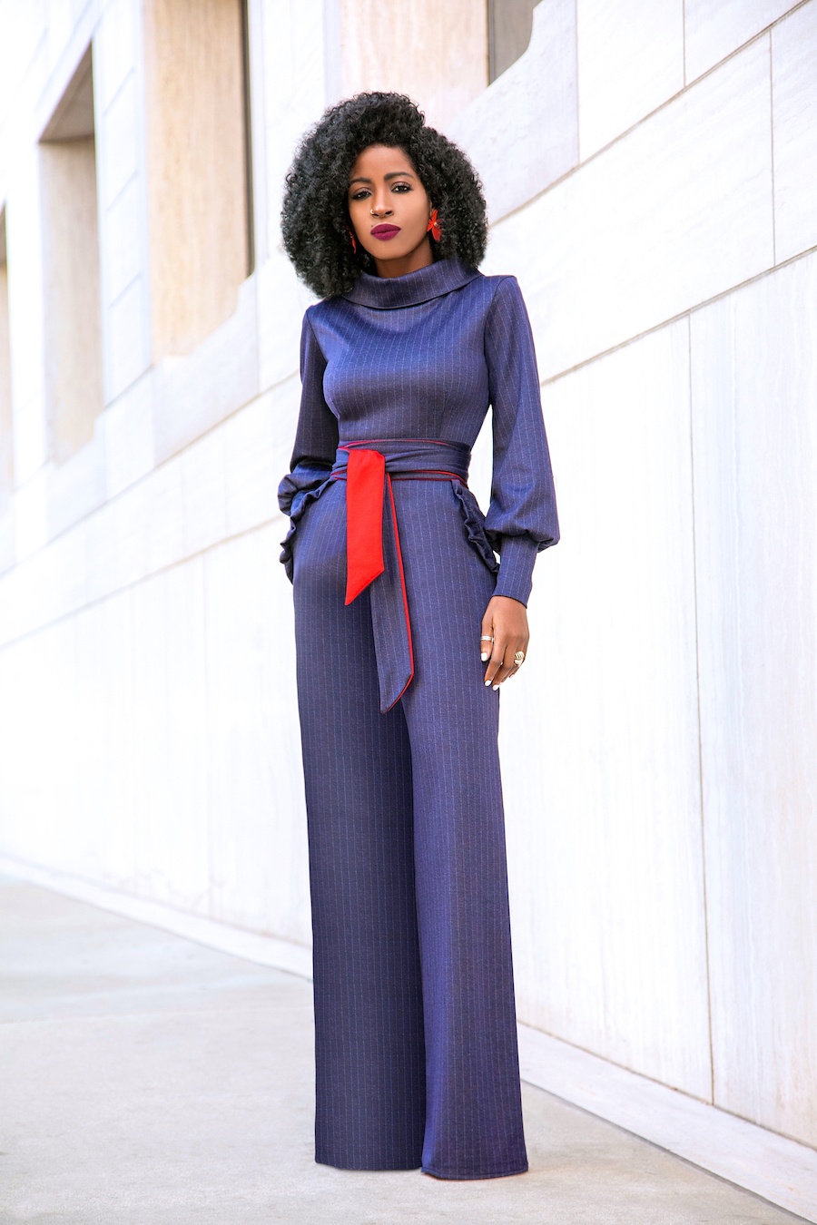 Style Pantry | Folded Collar Navy Pinstripe Jumpsuit