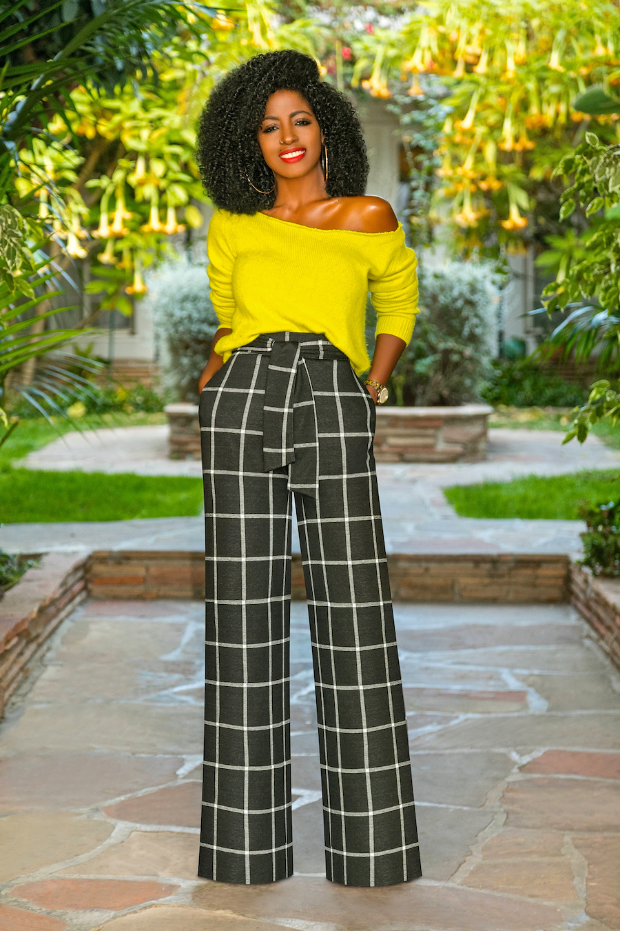DIY Off Shoulder Neon Knit + Windowpane Belted Pants – StylePantry