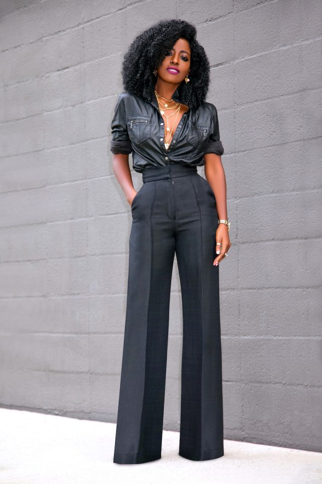 Style Pantry | Faux Leather Button Down + High Waist Pants