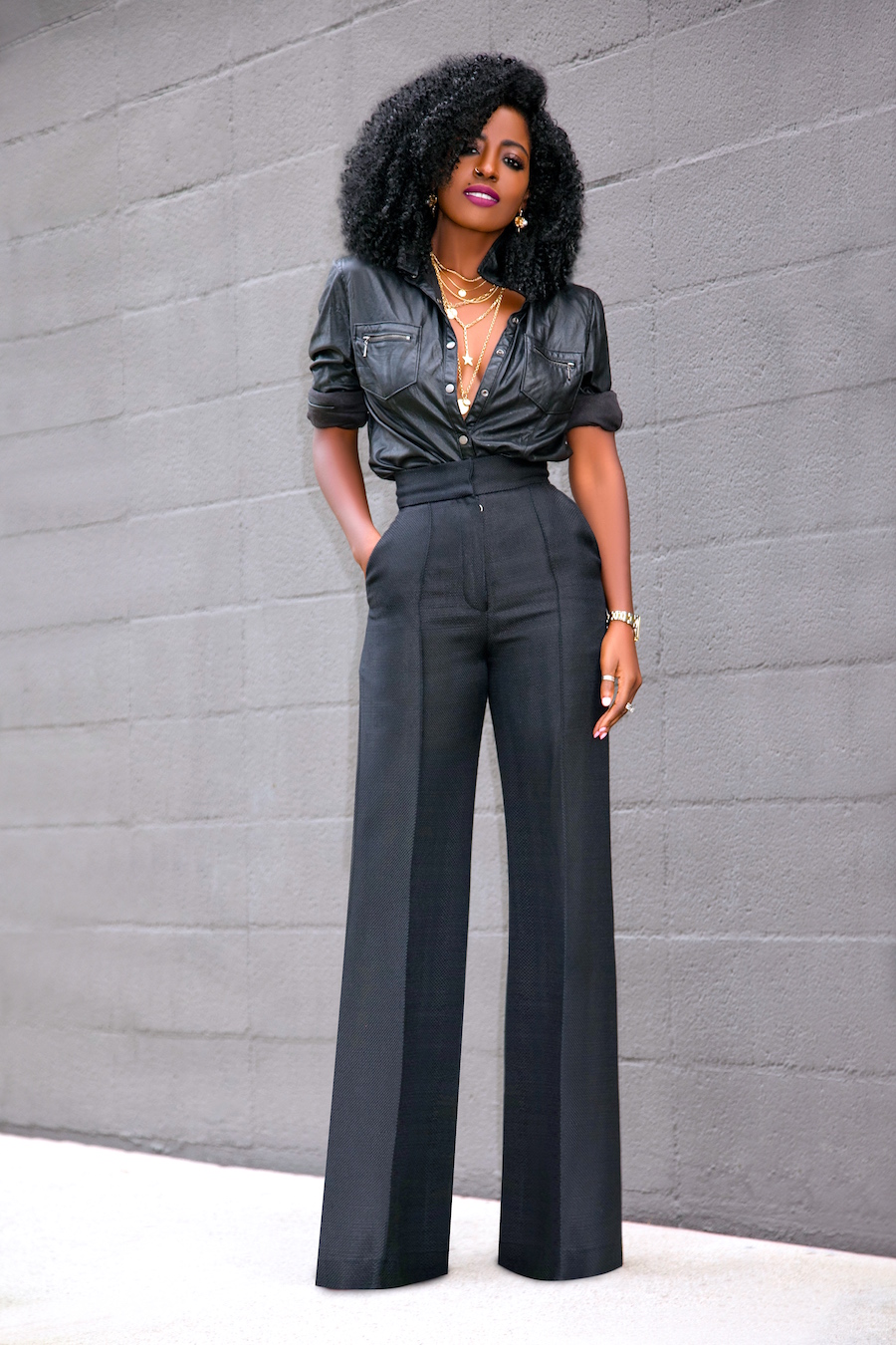 Faux Leather Button Down + High Waist Pants – StylePantry