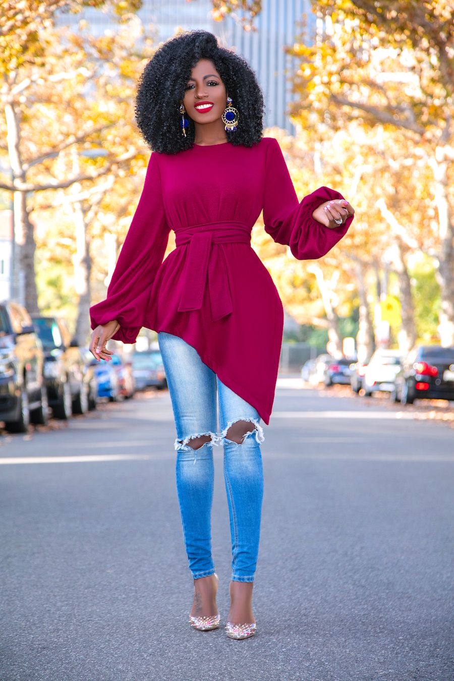 Belted Asymmetrical Hem Sweater + Ripped Jeans – StylePantry