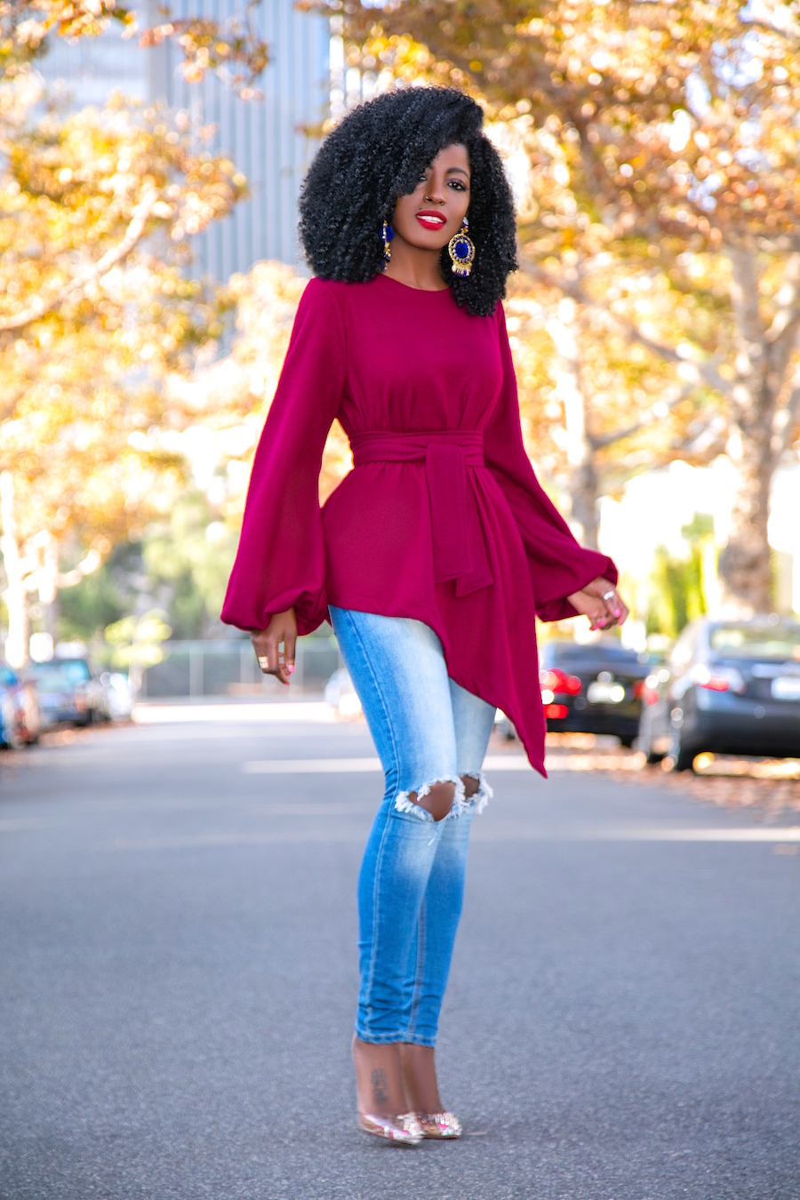 Belted Asymmetrical Hem Sweater + Ripped Jeans – StylePantry