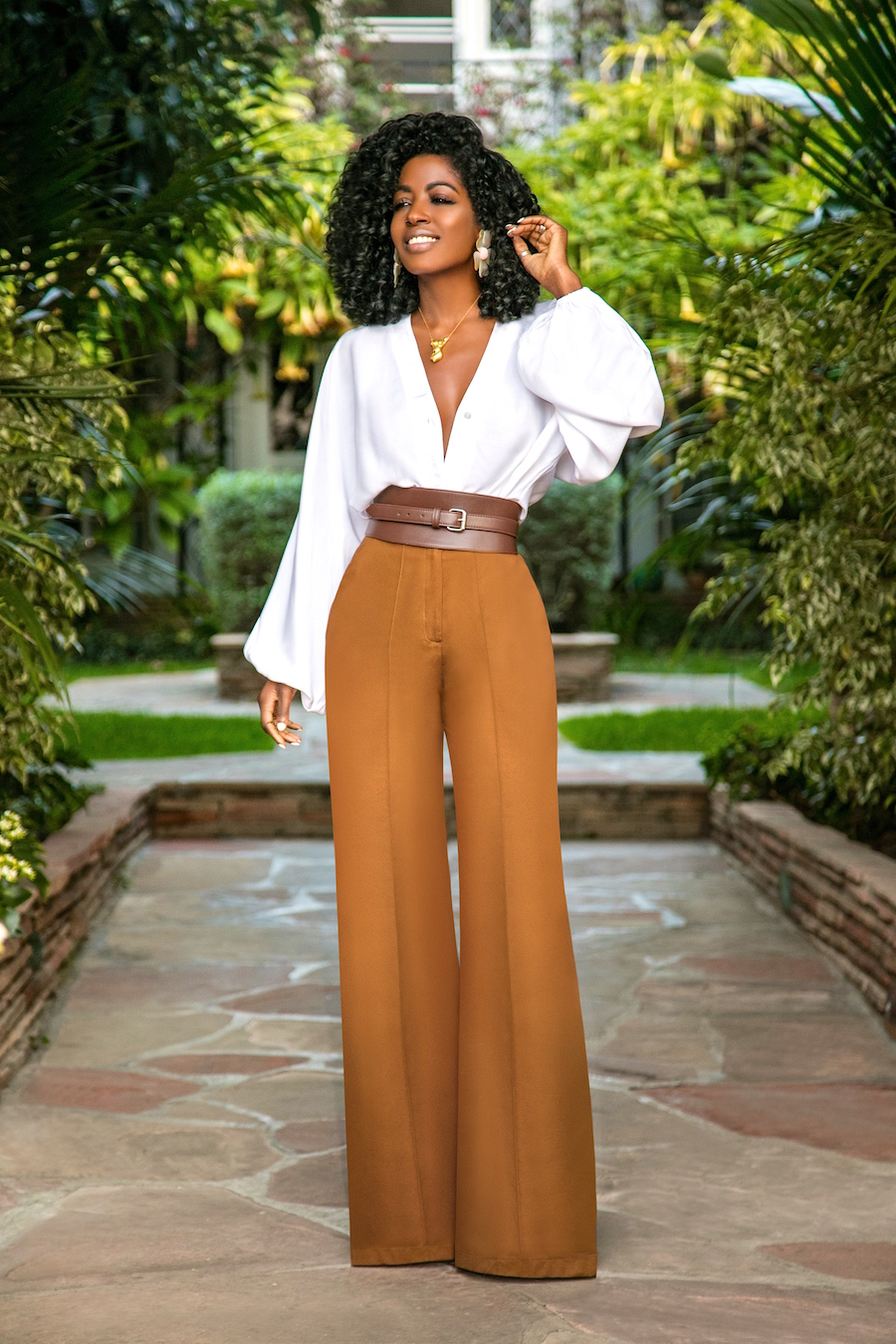 Draped Bodysuit + Belted High Waist Pants (Style Pantry)