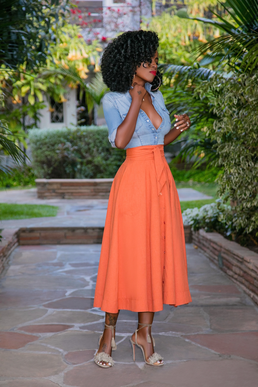 Style Pantry | Fitted Denim Shirt + Belted Button-Down Skirt