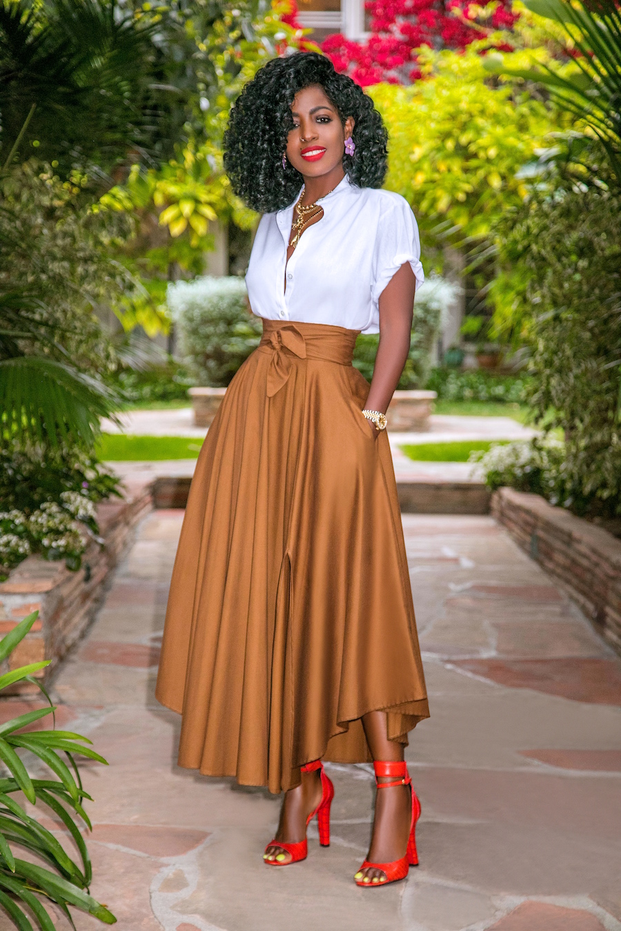Style Pantry | Rolled Sleeve Button-Down + Belted Midi Skirt