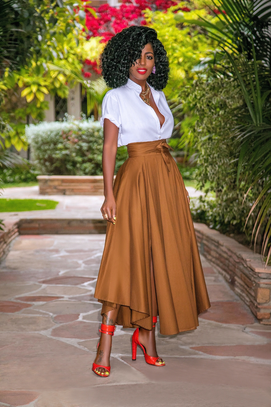 Style Pantry | Rolled Sleeve Button-Down + Belted Midi Skirt