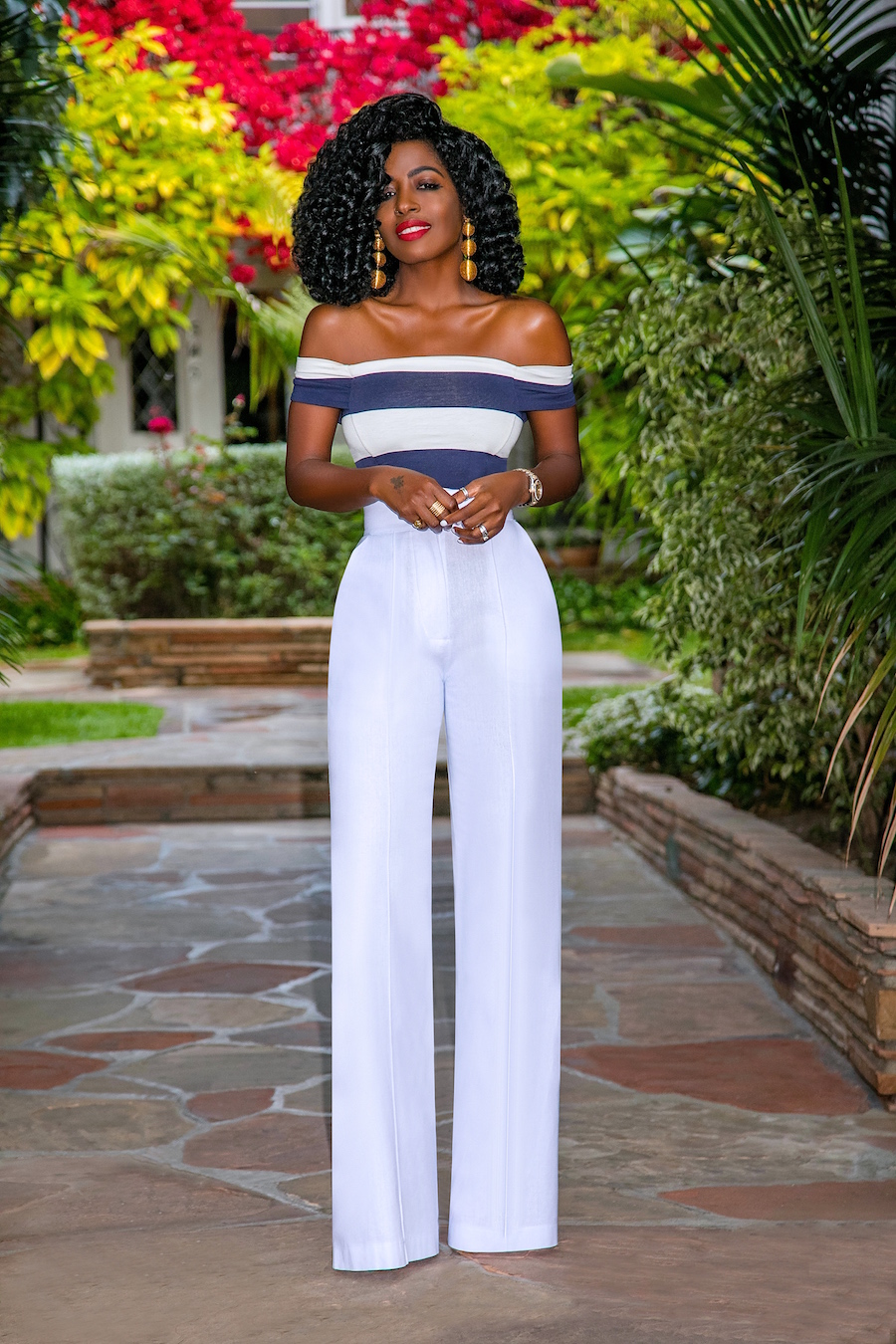 Striped Off Shoulder Top + High Waist Pants – StylePantry
