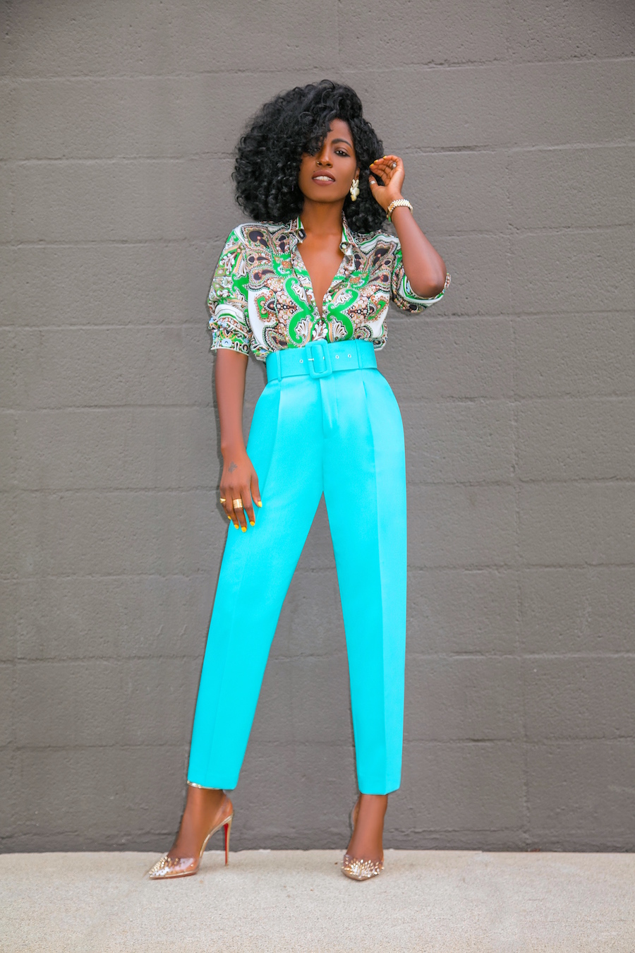 Style Pantry | Scarf Print Shirt + Belted Pegged Pants