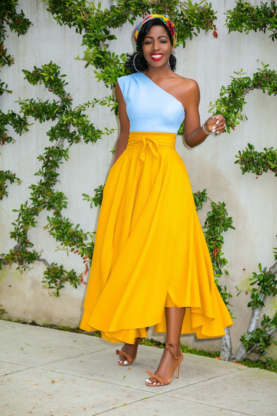 One Shoulder Peplum Top + Belted Midi Skirt – StylePantry