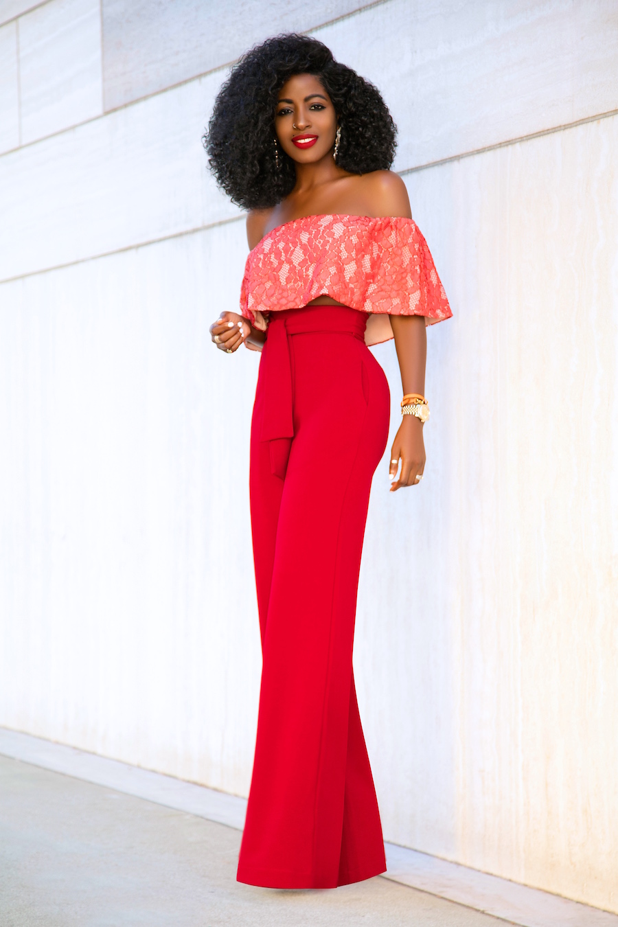 Style Pantry | Off Shoulder Crop + Belted High Waist Pants