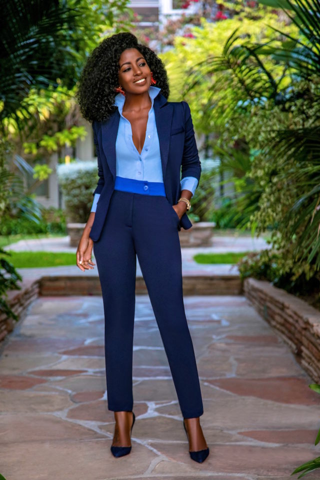 Style Pantry | Fitted Blazer + Button-Down + Contrast Waist Pants