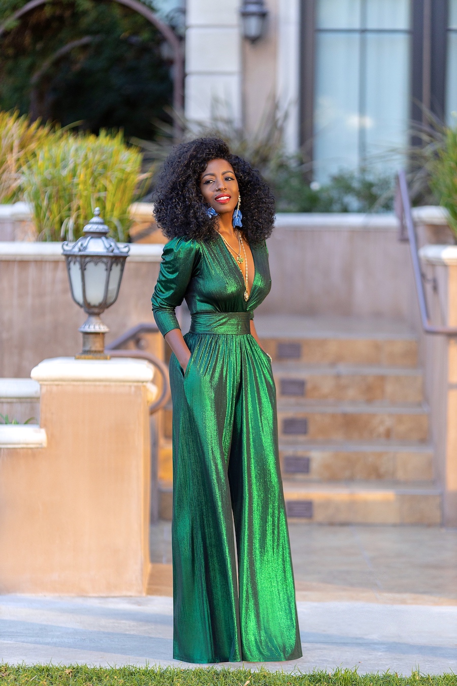 Gorgeous emerald green jumpsuit for the holidays!