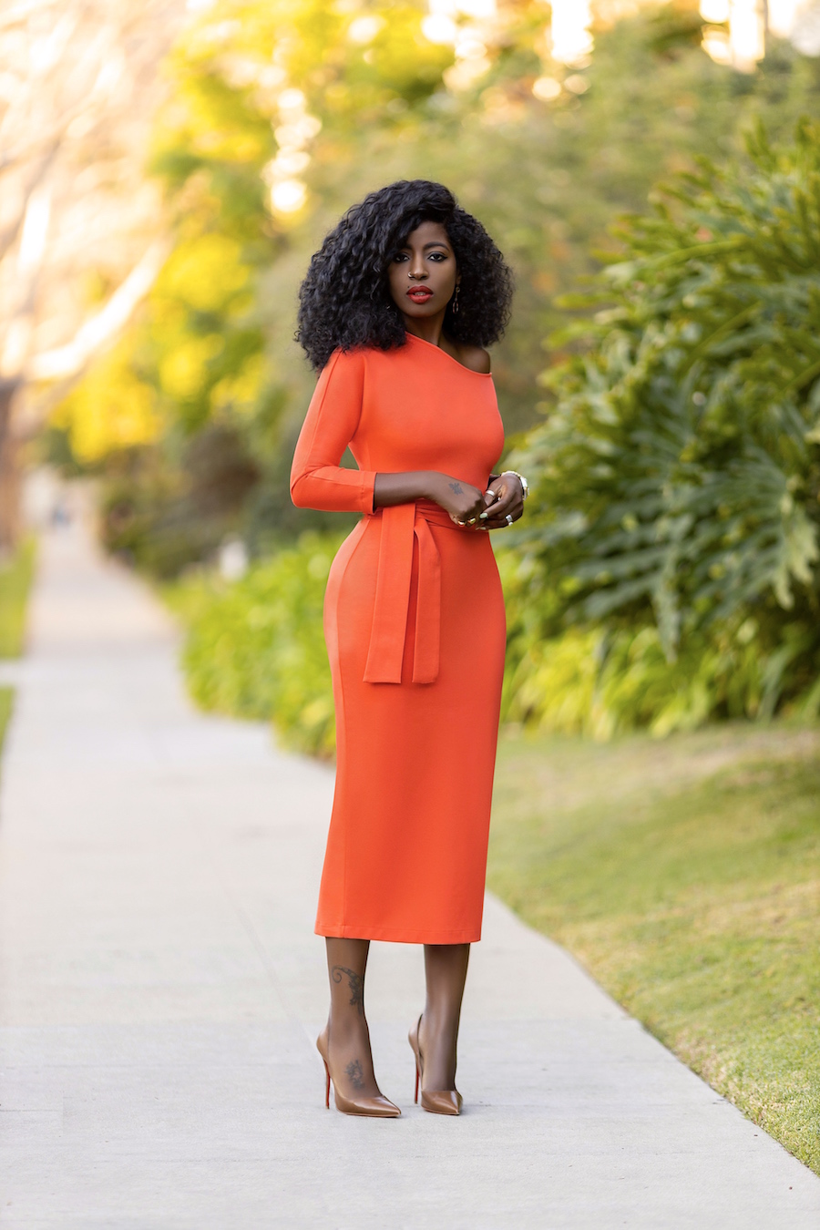 Orange Off Shoulder Pencil Dress – StylePantry