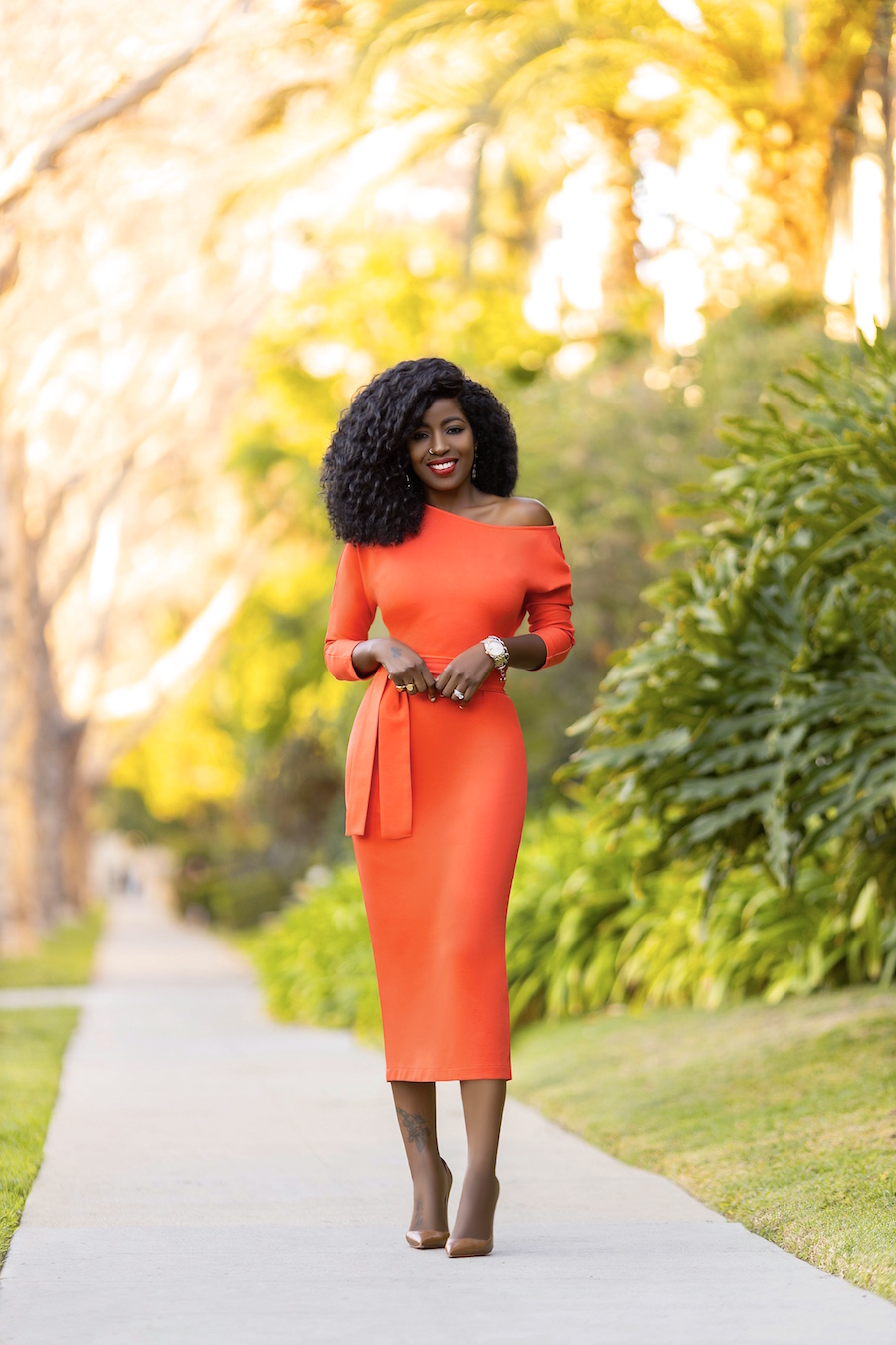 Orange Off Shoulder Pencil Dress – StylePantry