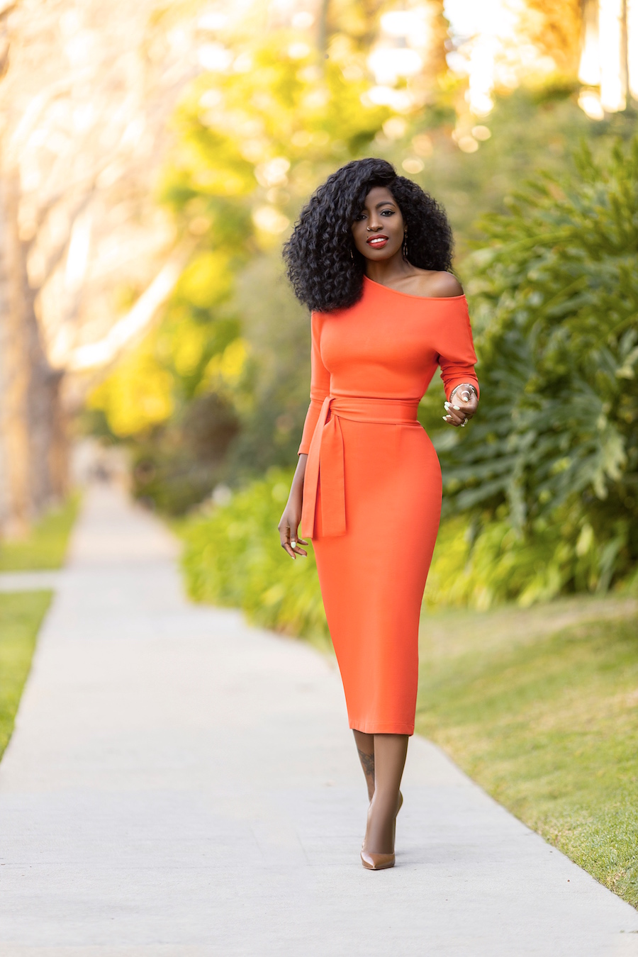 Orange Off Shoulder Pencil Dress – StylePantry