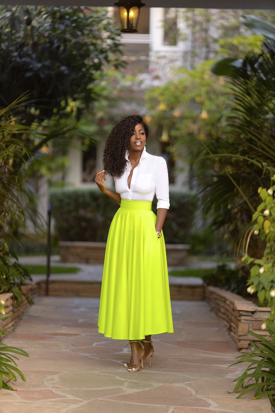 Fitted Button-Down Shirt + Neon Swing Midi Skirt – StylePantry