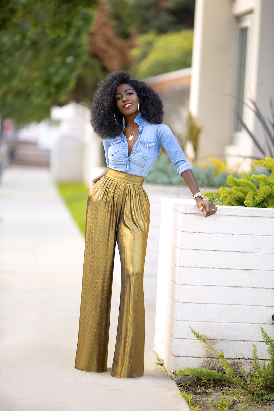 Fitted Denim Shirt + Gold High Waist Pants – StylePantry