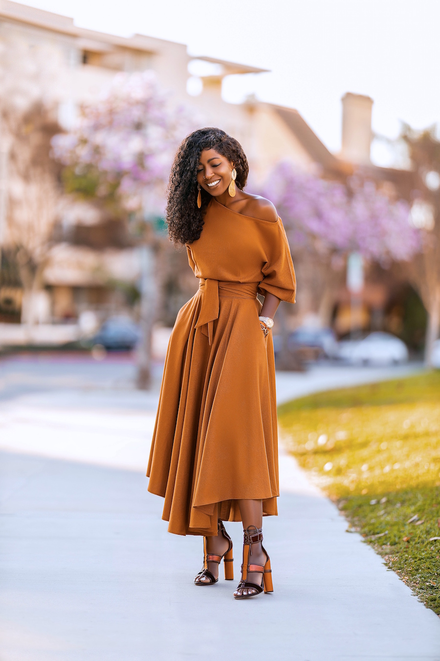 Cognac Off Shoulder Swing Dress – StylePantry